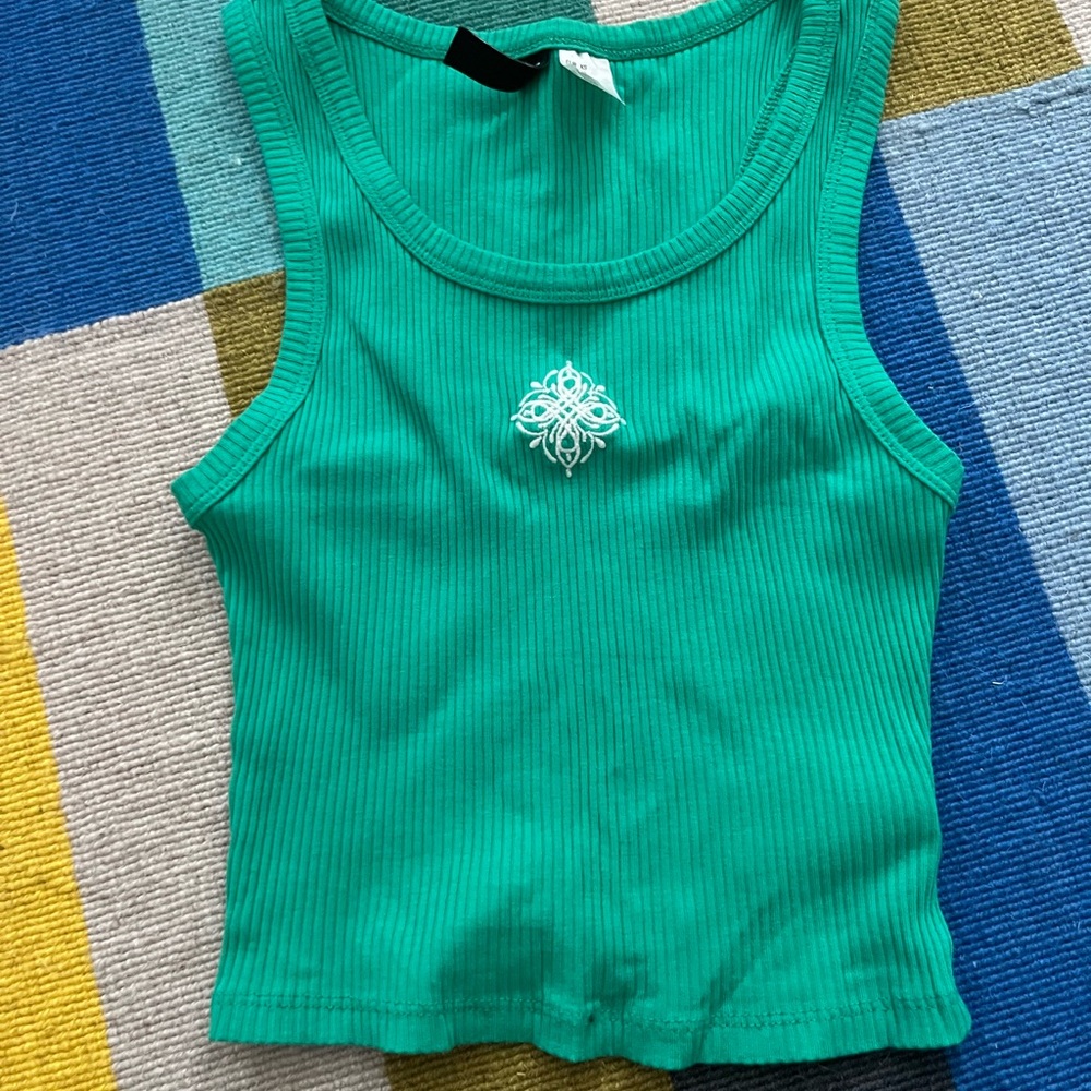 Divided Teal Ribbed Tank with White Embroidered Motif